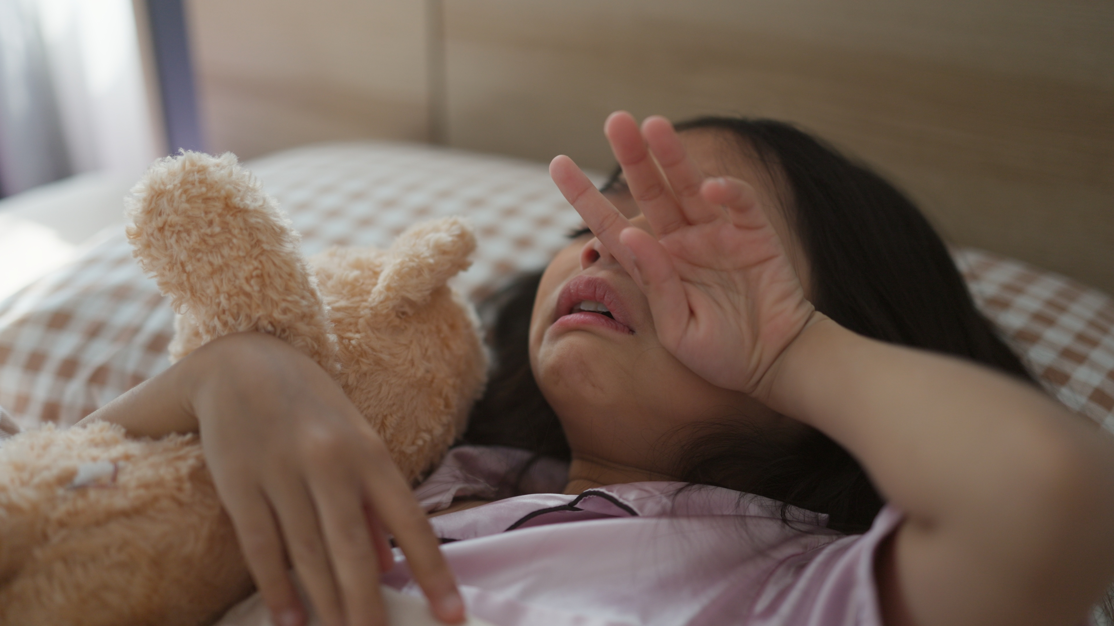 Girl Crying Bear Family Stock