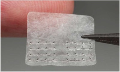 The Nerve Tape device consists of microscale Nitinol hooks embedded within a flexible biological backing.