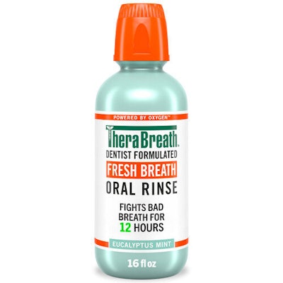 TheraBreath Fresh Breath Oral Rinse in Eucalyptus Mint.