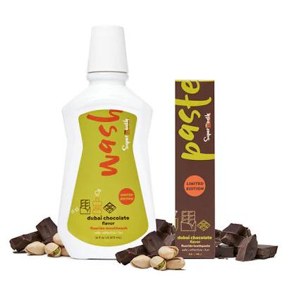 SuperMouth’s Dubai chocolate mouthwash and toothpaste.
