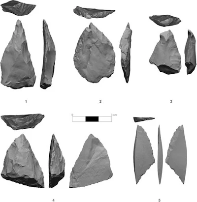 Fig 2. Retouched points (1, 4) and perforators (2, 3, 5) from Layer 6c/2 in Chagyrskaya Cave.