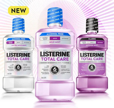 Listerine Total Care in three intensities: Extra Mild Mint, Mild Mint, and Intense Mint.