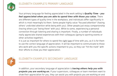 An example of White's appreciation inventory analysis that breaks down an individual's language of appreciation.