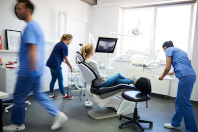 Dental office scene with a patient in a chair receiving treatment while dental professionals in blue scrubs assist with digital imaging equipment.