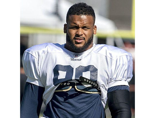 Los Angeles Rams defensive tackle, Aaron Donald, participating in a joint practice with the Oakland Raiders during the 2019 training camp.