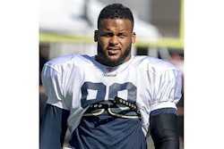 Los Angeles Rams defensive tackle, Aaron Donald, participating in a joint practice with the Oakland Raiders during the 2019 training camp.