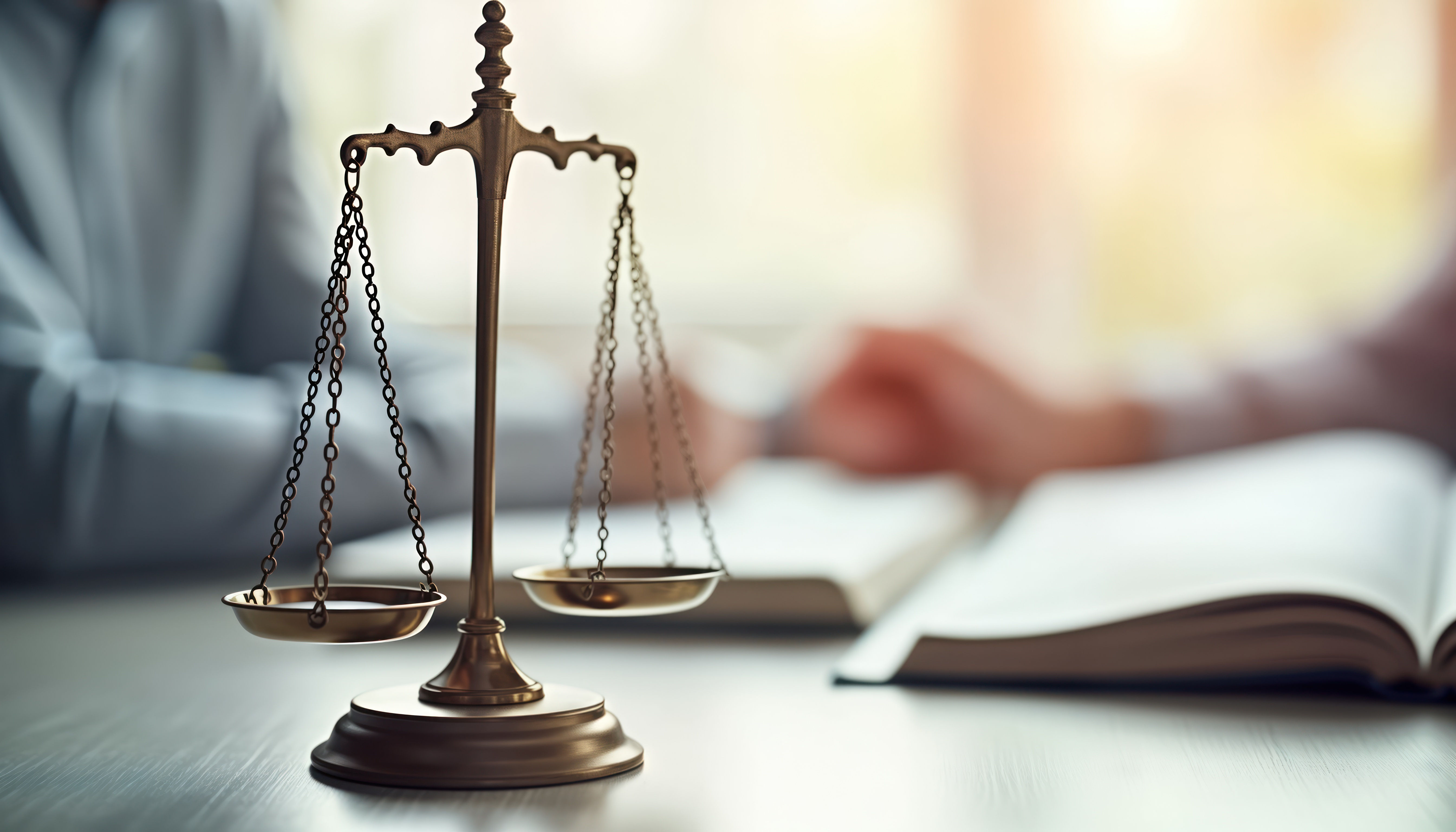 Bronze scales of justice rest on a desk with open books and blurred people in the background.