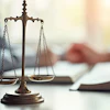 Bronze scales of justice rest on a desk with open books and blurred people in the background.