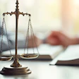 Bronze scales of justice rest on a desk with open books and blurred people in the background.