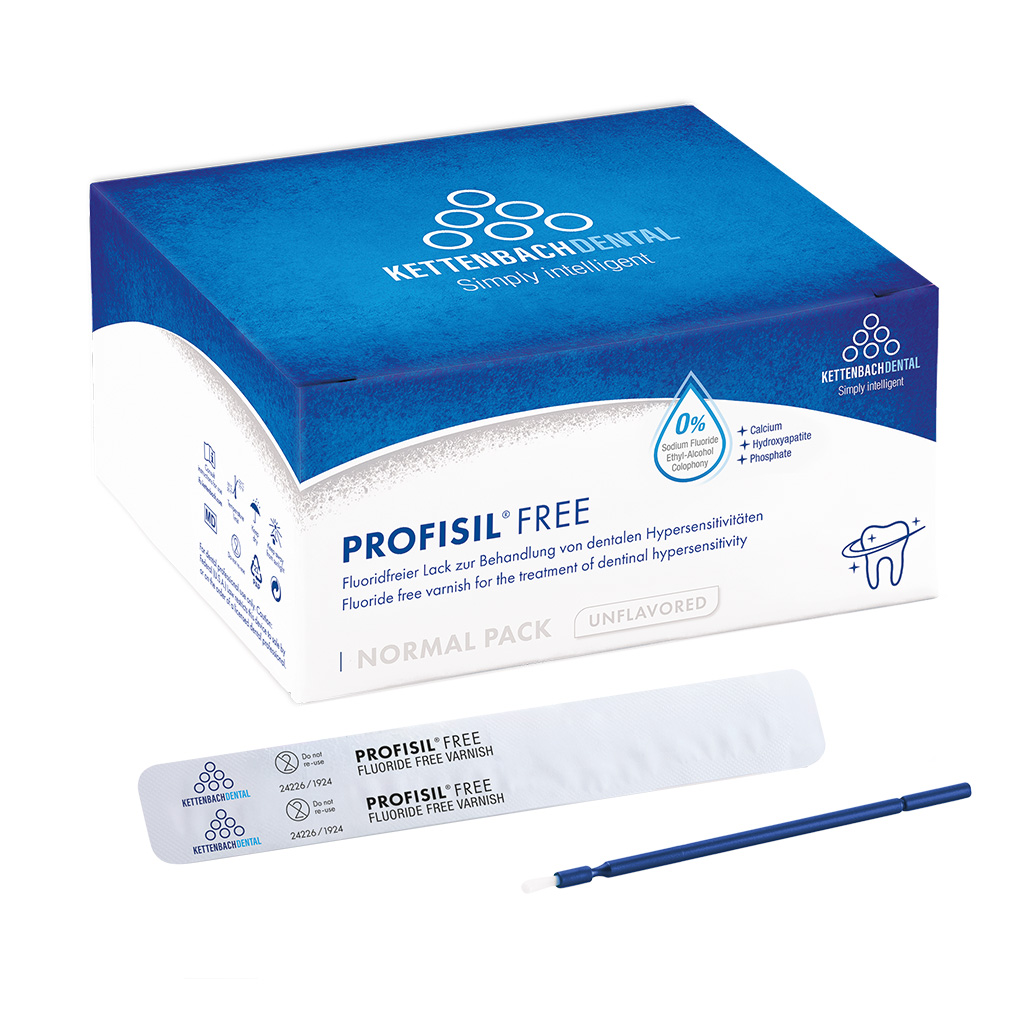 Profisil Free fluoride-free dental varnish box with applicator and brush for treating dentin hypersensitivity.