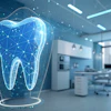 Digital tooth illustration with a blue geometric network pattern in a modern dental clinic setting.