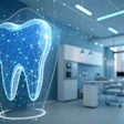 Digital tooth illustration with a blue geometric network pattern in a modern dental clinic setting.