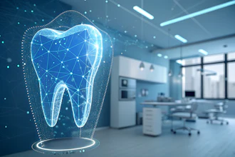 Digital tooth illustration with a blue geometric network pattern in a modern dental clinic setting.