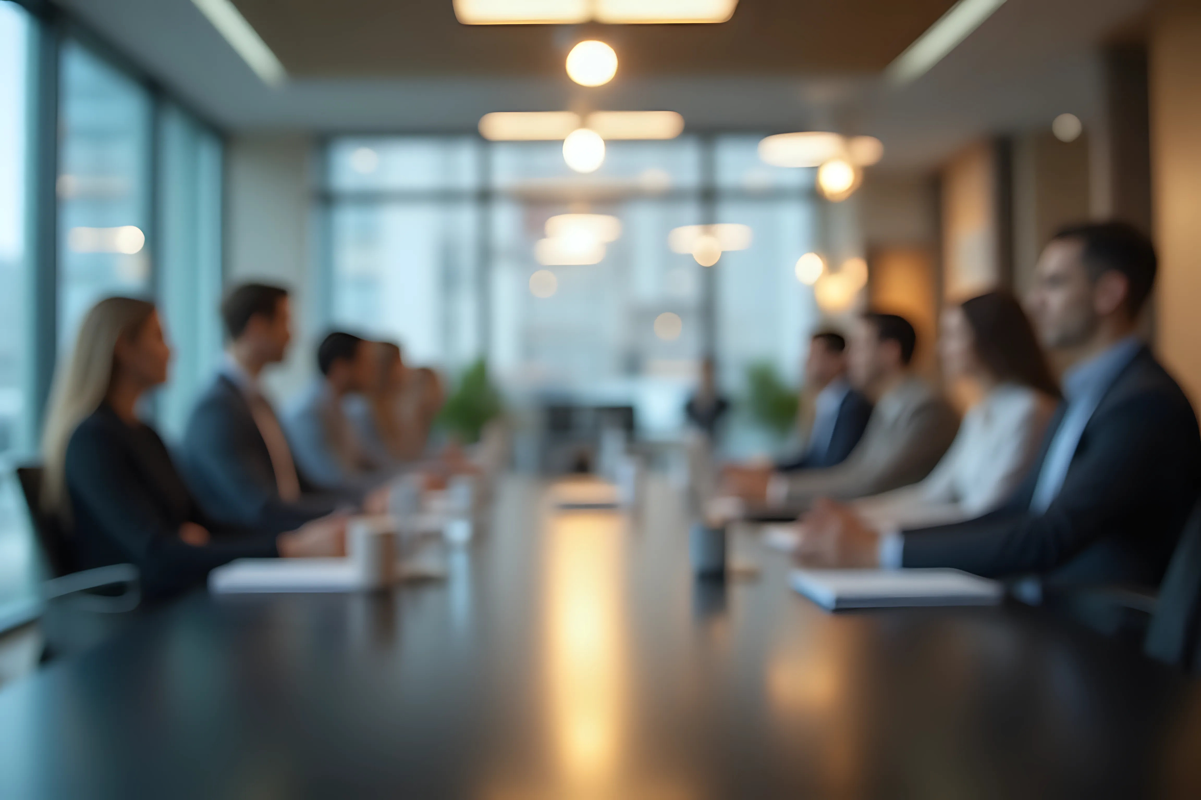 Blurred boardroom meeting with professionals seated around a conference table in a modern office setting.