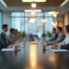 Blurred boardroom meeting with professionals seated around a conference table in a modern office setting.