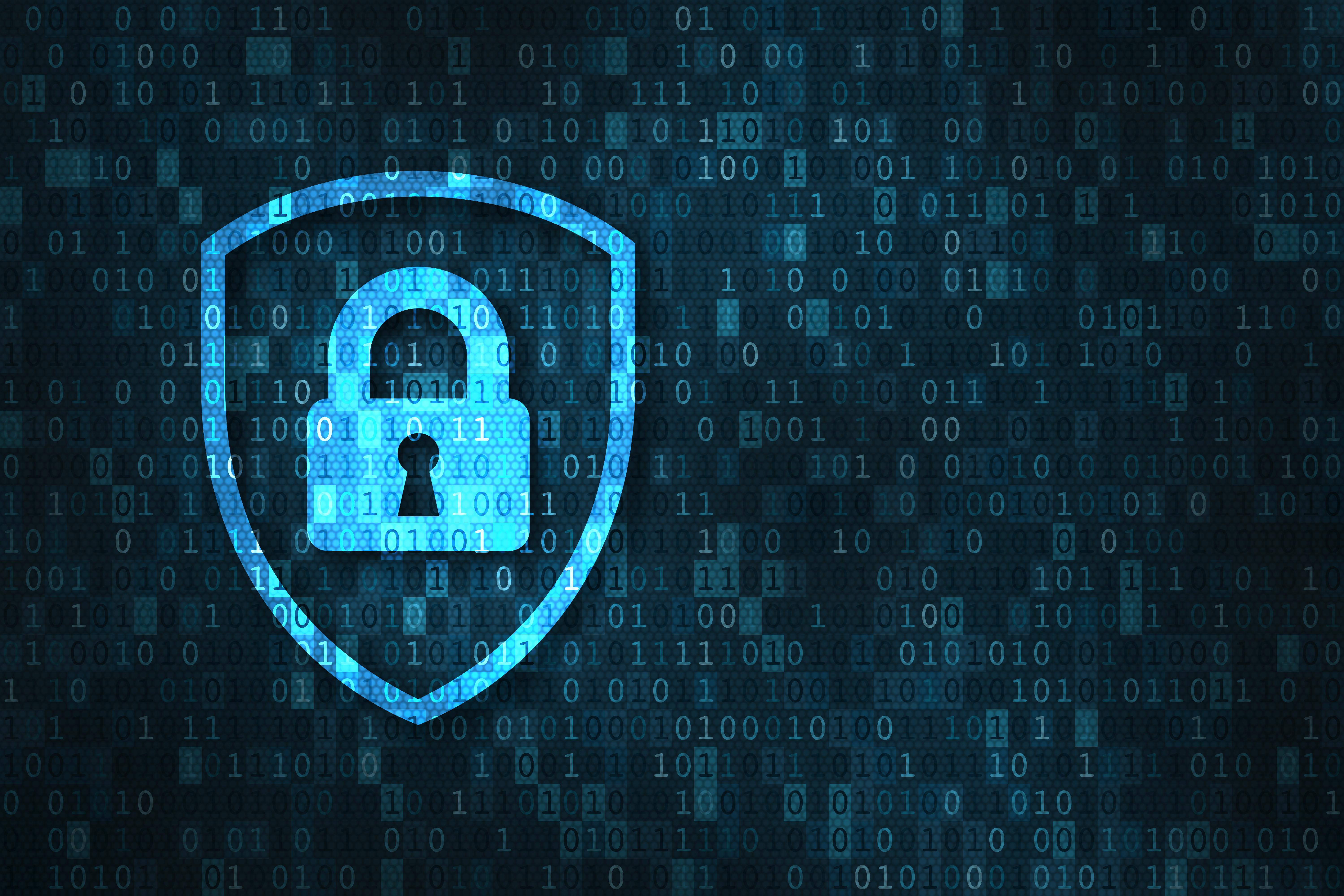 Glowing blue padlock with a shield, symbolizing cybersecurity.