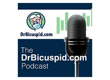 The DrBicuspid.com Podcast cover image showing a masked cartoon dentist, a microphone, and sound wave graphics.