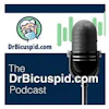 Cover image of The DrBicuspid.com Podcast featuring a masked cartoon dentist, a microphone, and sound wave graphics.