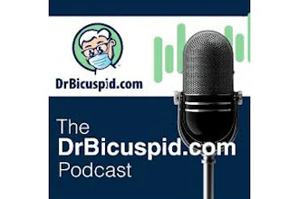 Cover image of The DrBicuspid.com Podcast featuring a masked cartoon dentist, a microphone, and sound wave graphics.
