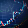 Financial stock market chart with candlestick patterns and colored trend lines on a dark blue grid background.
