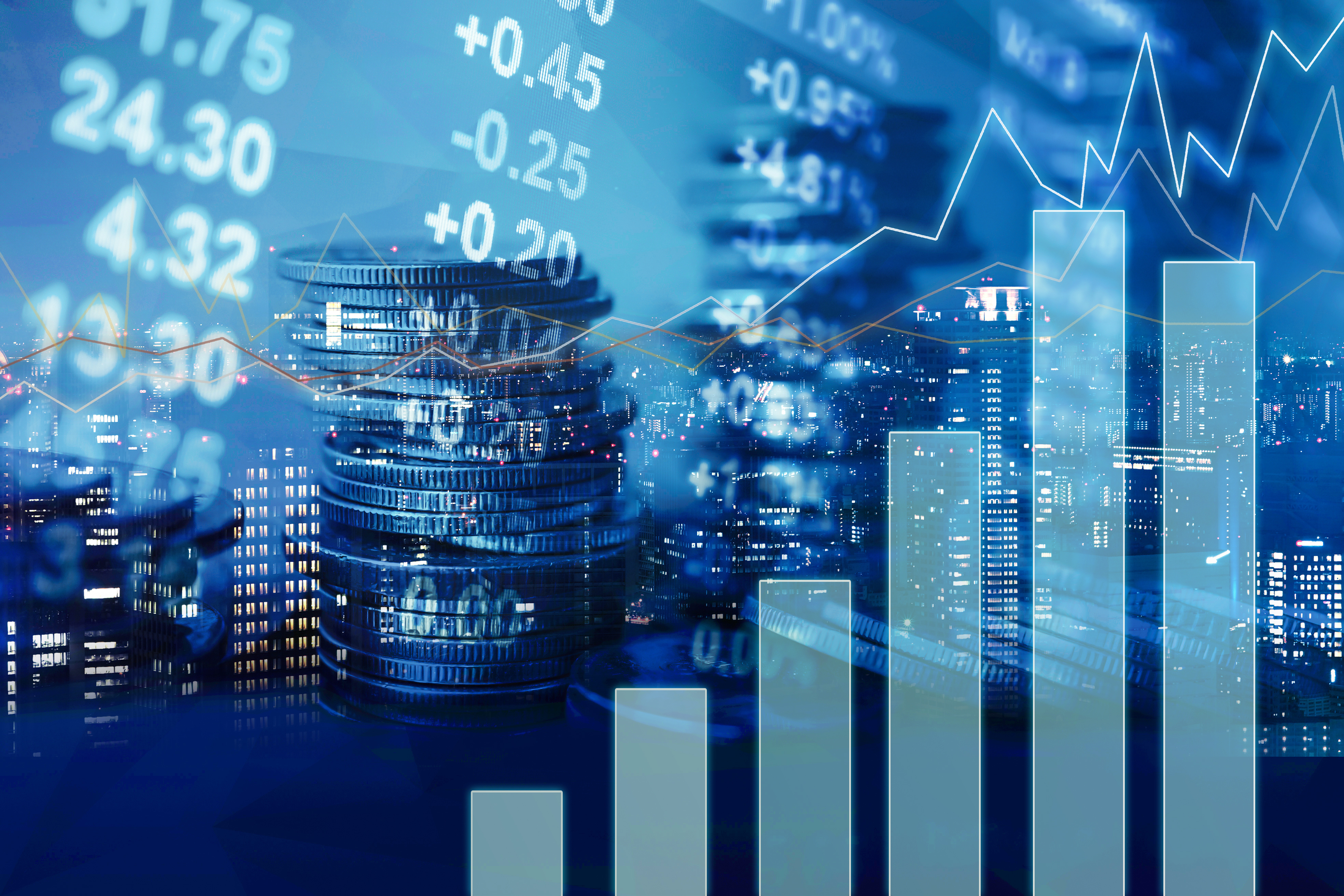 Financial market analysis with stock data, bar charts, line graphs, and city skyline overlay on a blue background.