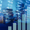 Financial market analysis with stock data, bar charts, line graphs, and city skyline overlay on a blue background.