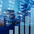Financial market analysis with stock data, bar charts, line graphs, and city skyline overlay on a blue background.