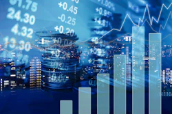Financial market analysis with stock data, bar charts, line graphs, and city skyline overlay on a blue background.