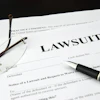 A white document is shown titled 'Lawsuit,' with glasses and a fountain pen resting on top.