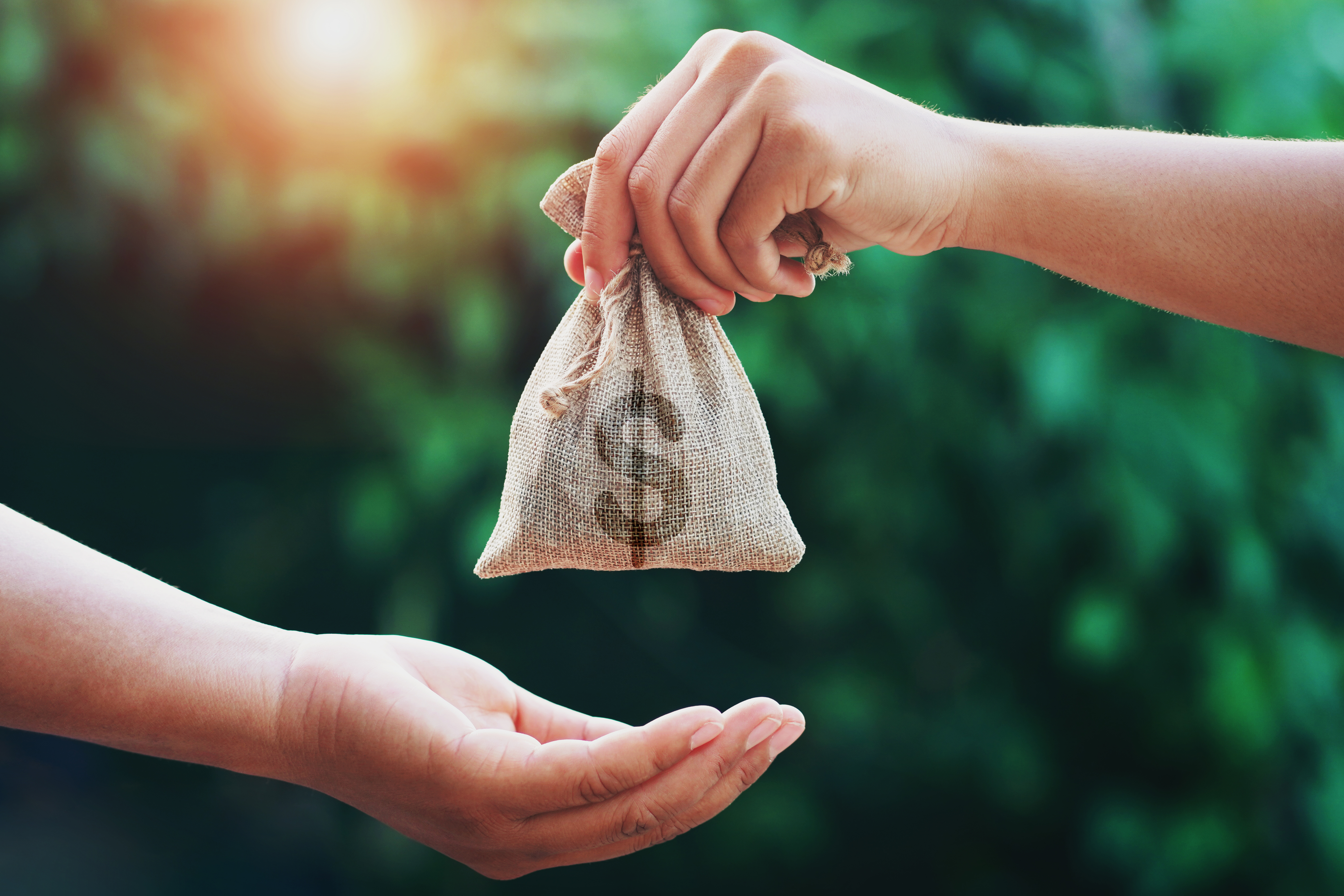 Two hands exchange a small fabric pouch in a sunlit garden setting, symbolizing giving.