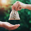Two hands exchange a small fabric pouch in a sunlit garden setting, symbolizing giving.