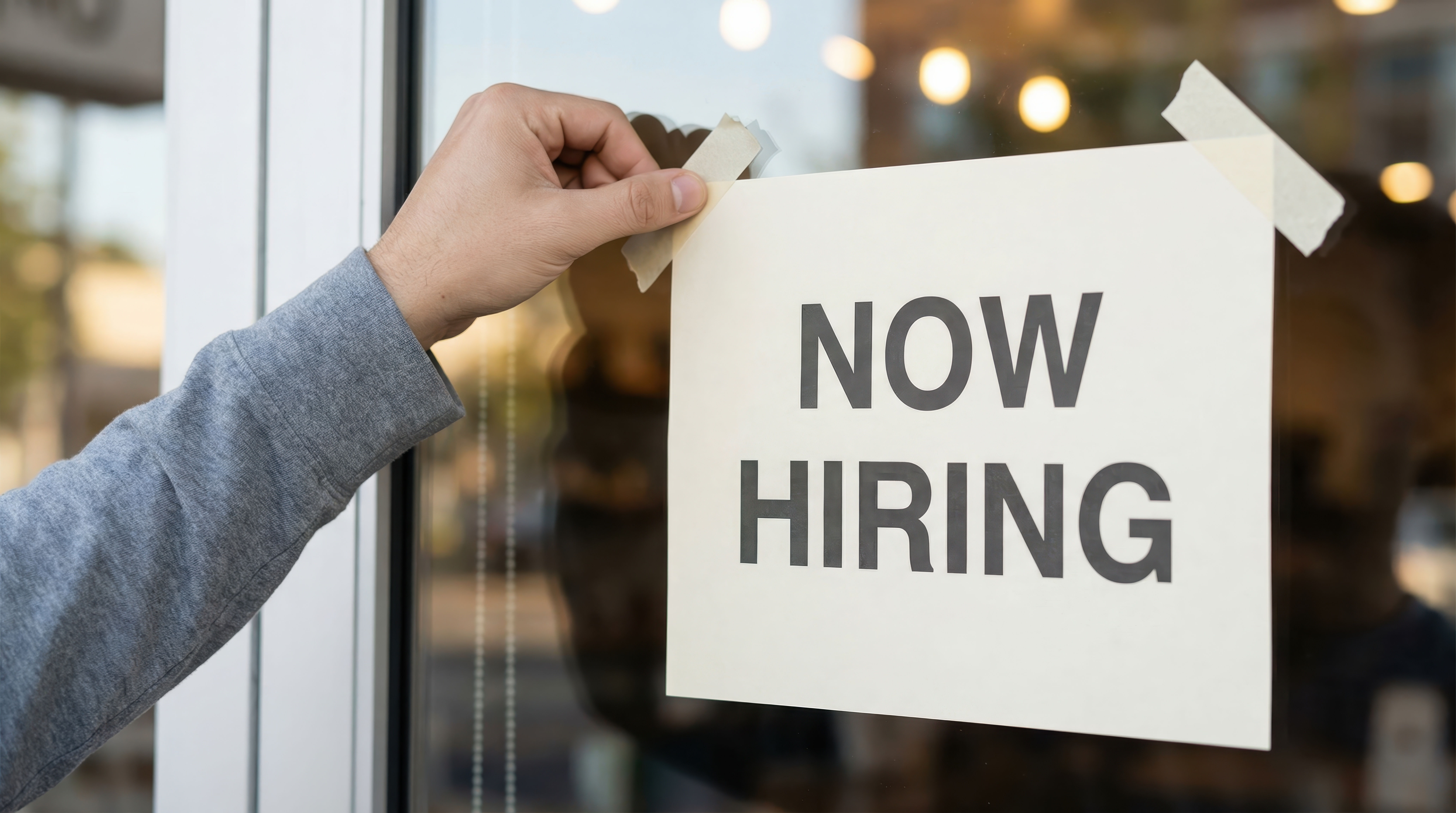 Close-up of a person taping a 'Now Hiring' sign to a glass door.