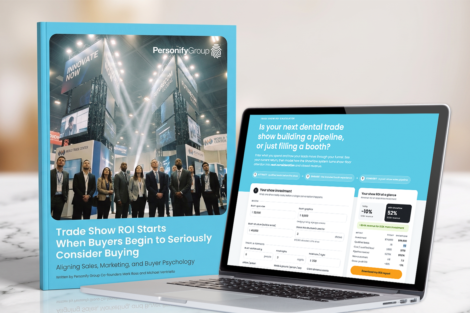 Personify Group marketing materials showing a trade show ROI guide next to a laptop displaying a Personify Group software screenshot.