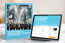 Personify Group marketing materials showing a trade show ROI guide next to a laptop displaying a Personify Group software screenshot.