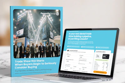 Personify Group marketing materials showing a trade show ROI guide next to a laptop displaying a Personify Group software screenshot.