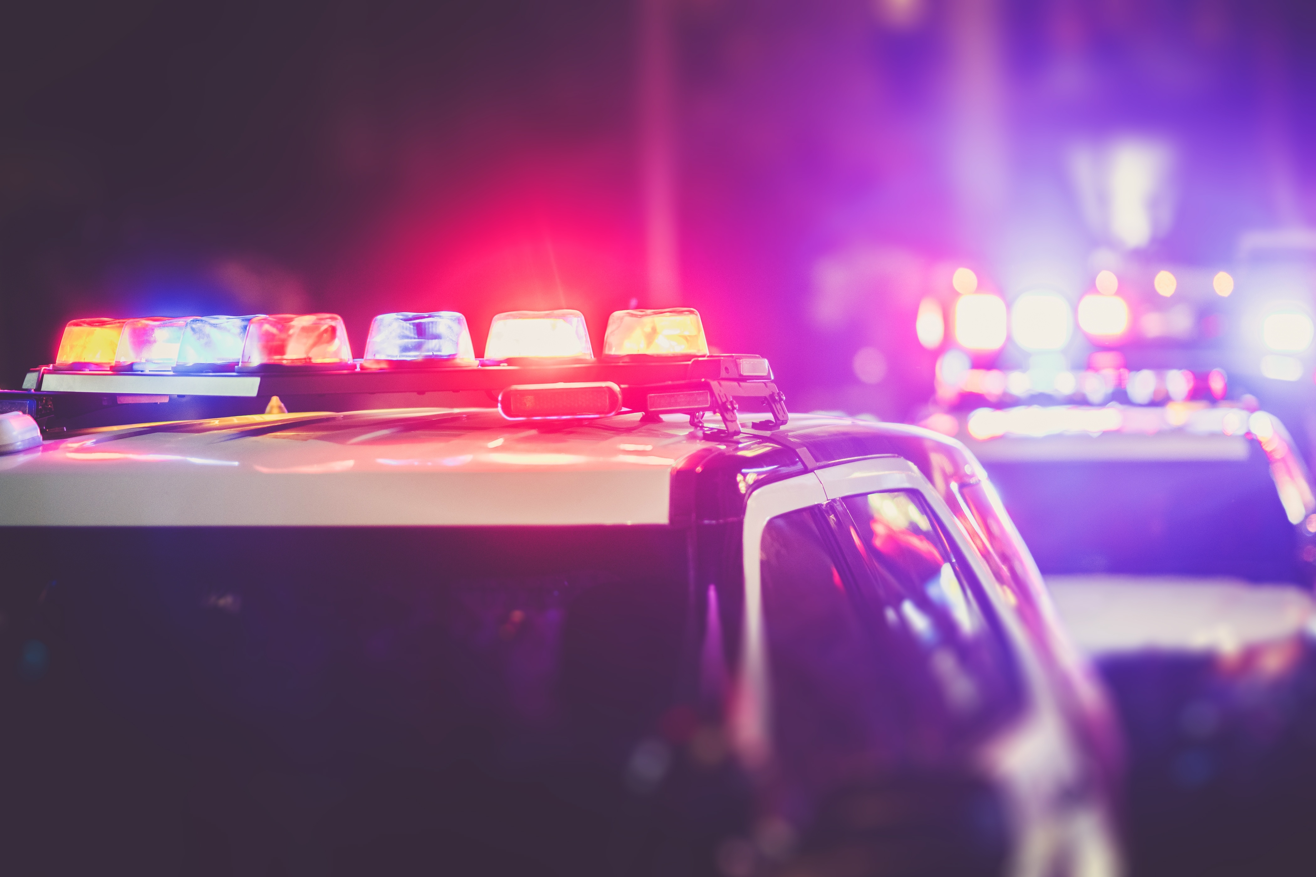 Police emergency vehicle lights flashing red and blue at night.