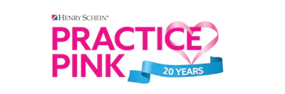 Henry Schein Practice Pink 20 Years campaign logo with magenta text and a heart symbol.