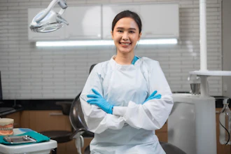 A woman wearing PPE smiles at the viewer. Behind her is a modern dental operatory.