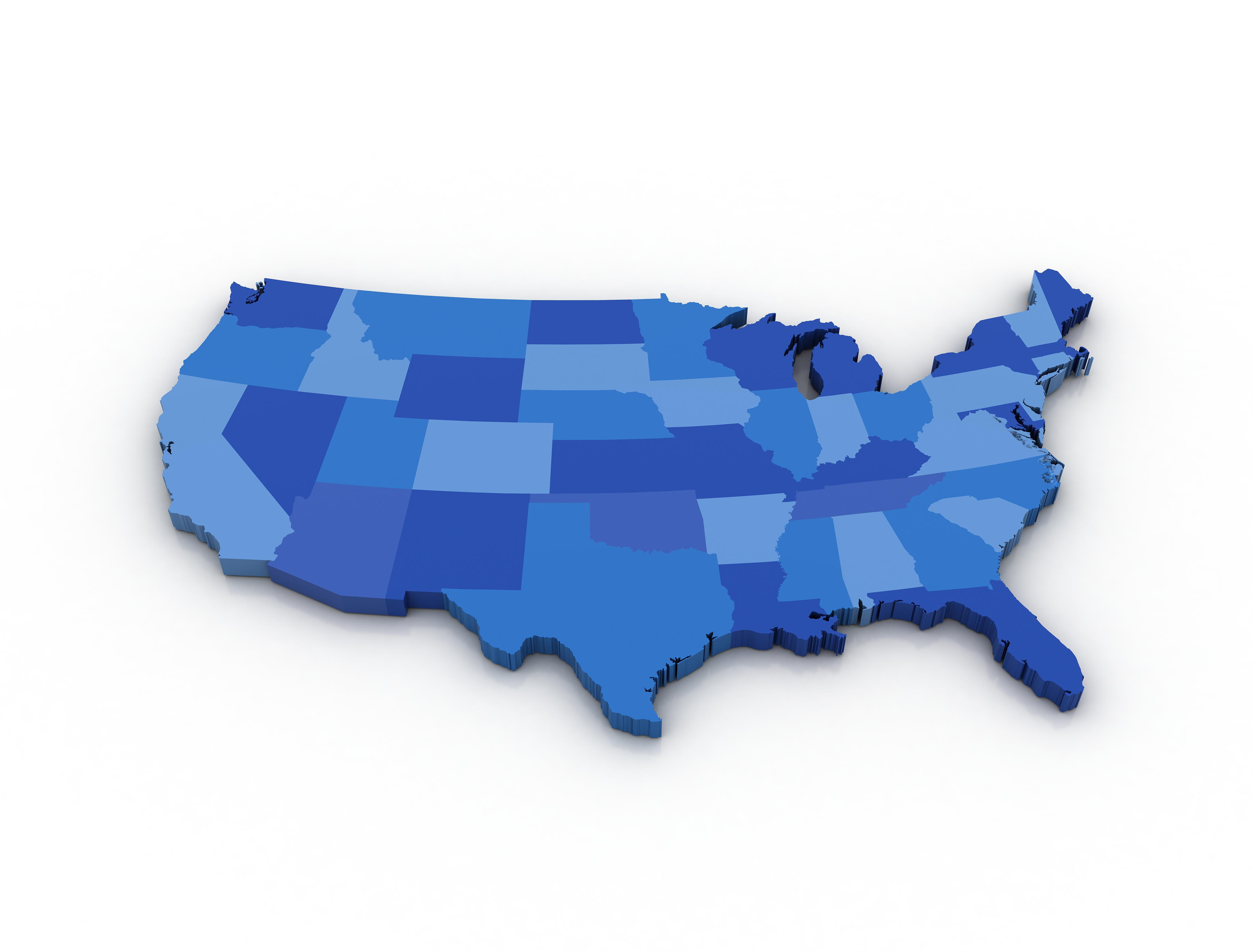 U.S. map with states colored in varying shades of blue representing data distribution or regional variation.