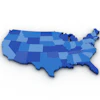 U.S. map with states colored in varying shades of blue representing data distribution or regional variation.