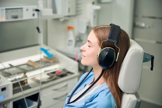 A woman dental patient has her eyes closed and has black headphones placed over her ears.